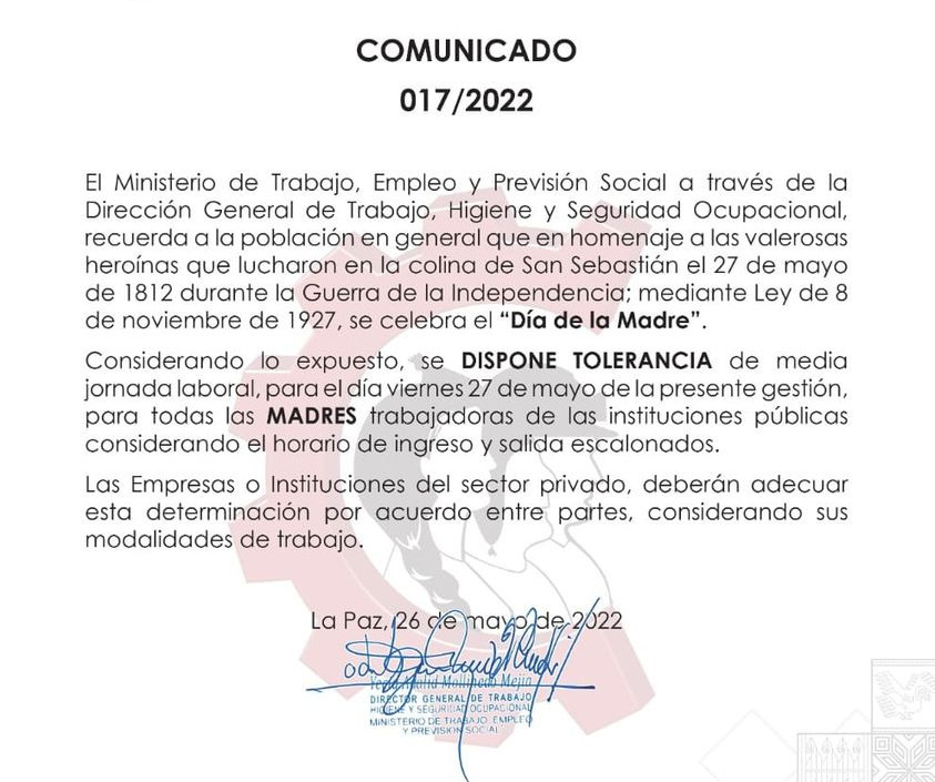 Ministerio de Trabajo dispone tolerancia laboral para las mamás por el 27 de mayo