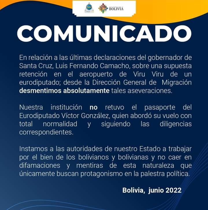 Migración desmiente supuesta retención del pasaporte de un eurodiputado en Viru Viru