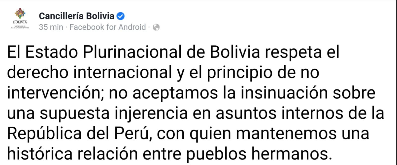 Bolivia no acepta la insinuación de Perú sobre una supuesta injerencia en asuntos internos