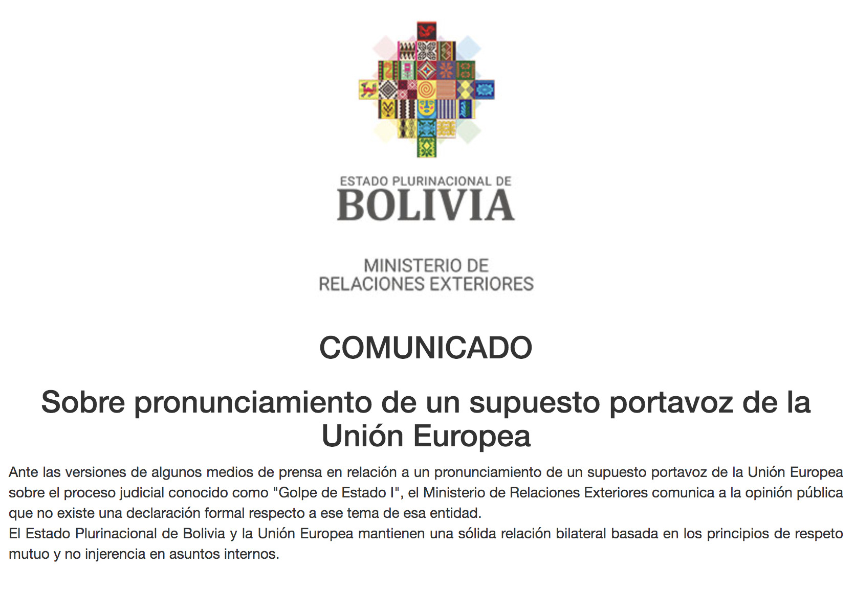 Bolivia aclara que no existe “declaración formal” de la UE sobre el caso Golpe de Estado I