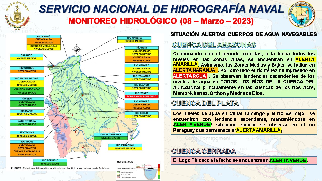 Hidrografía Naval reporta alerta roja en el río Iténez y subida de niveles de agua en el Mamoré, Orthon y Madre de Dios