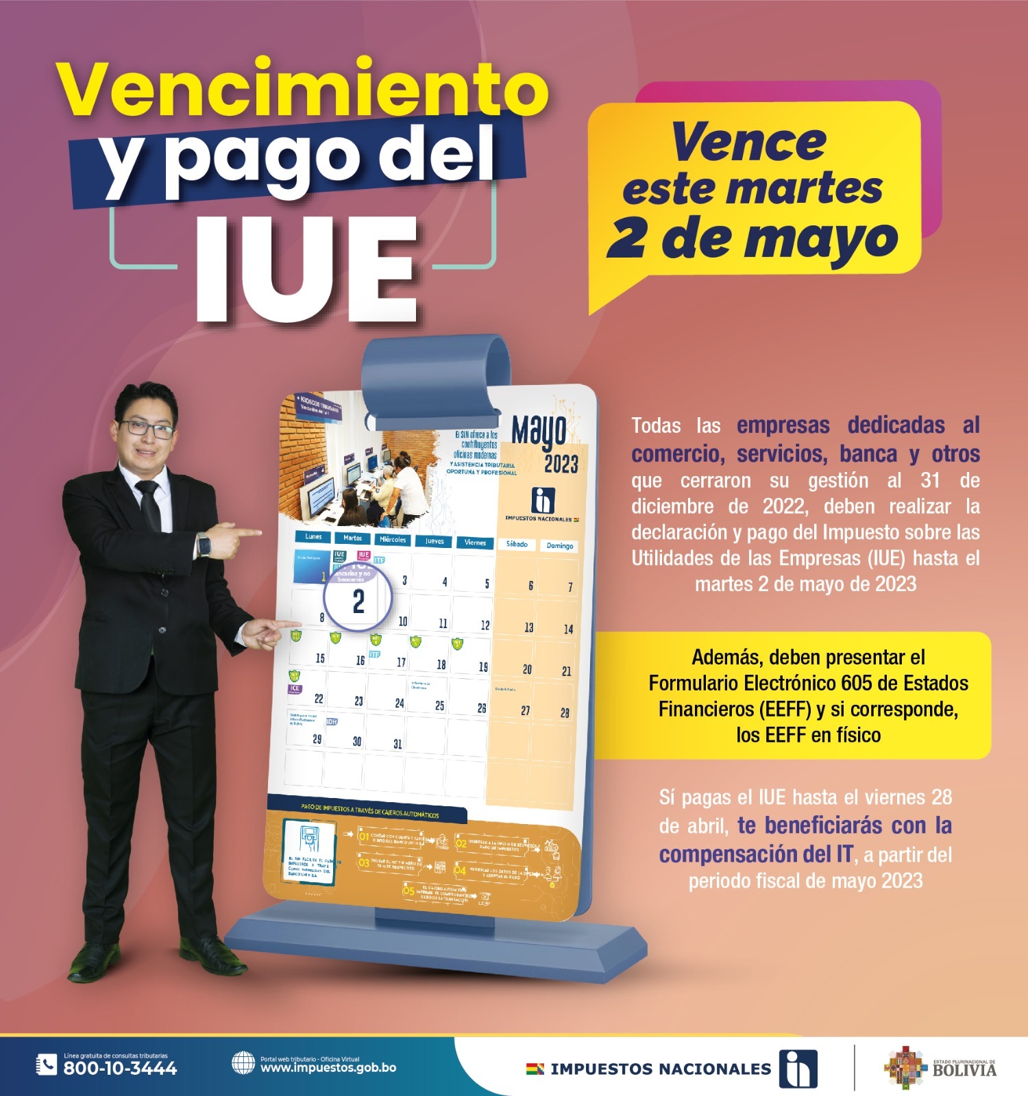 Plazo de pago del IUE para comercio, seguros, banca y otras actividades vence el 2 de mayo