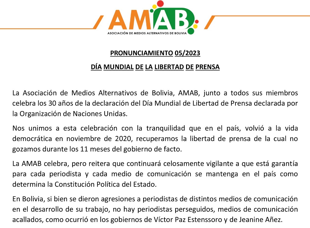 AMAB afirma que en Bolivia se recuperó la libertad de prensa y ratifica lucha para evitar agresiones