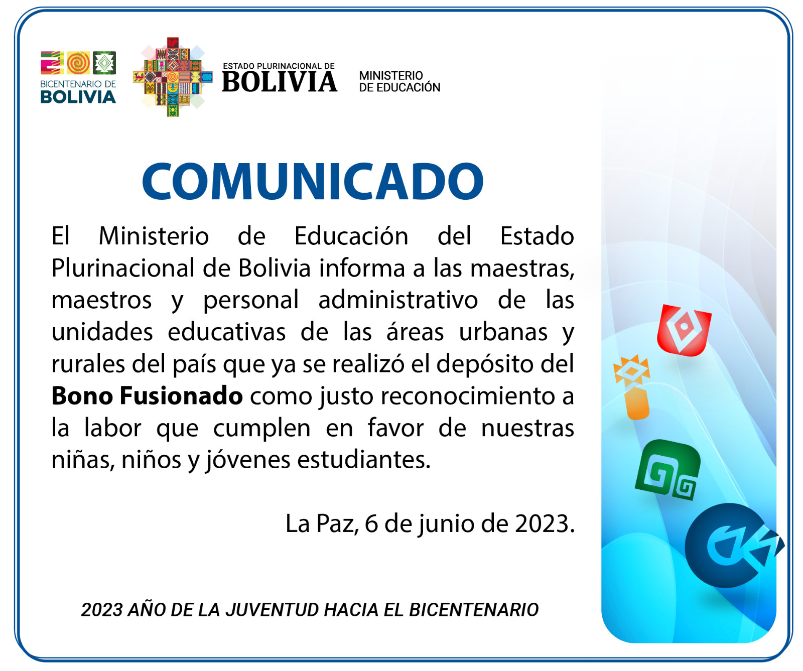 Educación paga el Bono Fusionado a los maestros y personal administrativo de Bolivia