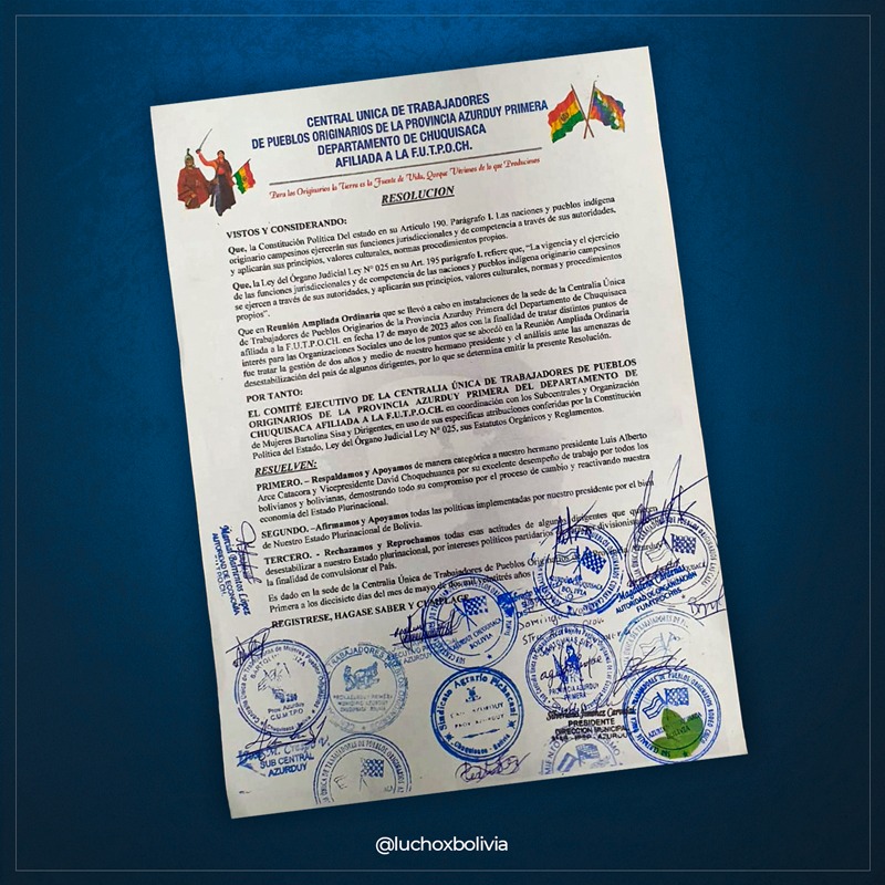 Presidente agradece respaldo de trabajadores campesinos de la provincia Azurduy de Chuquisaca