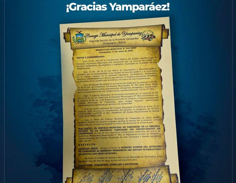 Presidente agradece nombramiento de Huésped Ilustre del pueblo de Yamparáez en Chuquisaca