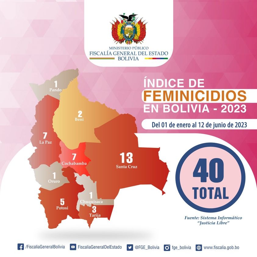 Bolivia registra 40 feminicidios desde enero hasta el 12 de junio