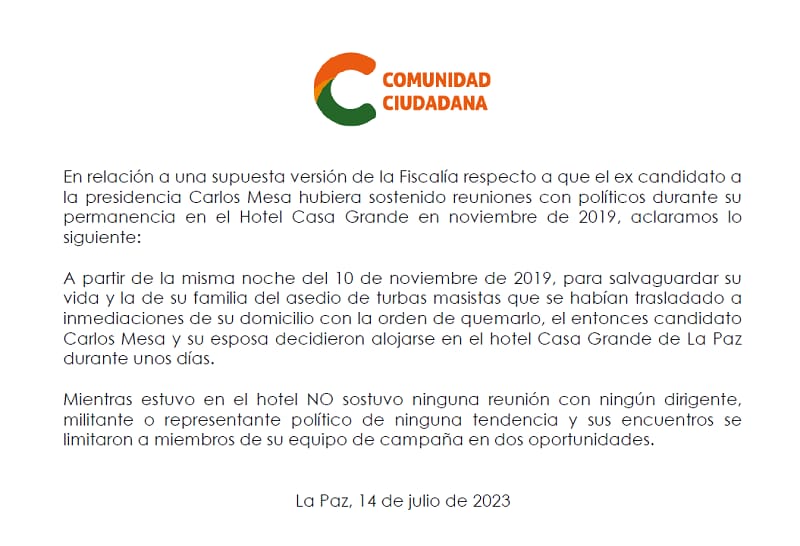 CC confirma que Carlos Mesa se hospedó en el mismo hotel al que llegó Camacho durante el golpe de 2019