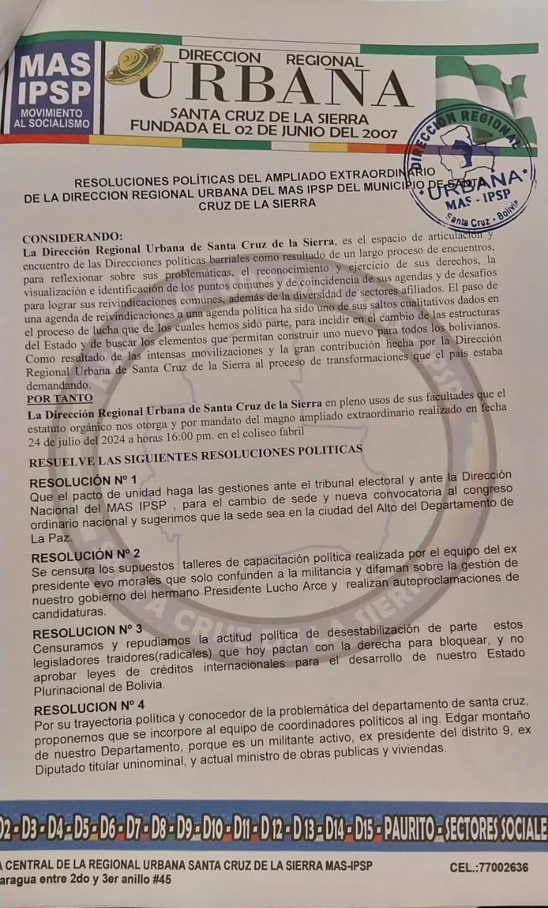 MAS Urbano de Santa Cruz respalda al Gobierno y ve a Arce como el “nuevo líder” tras el golpe de 2019