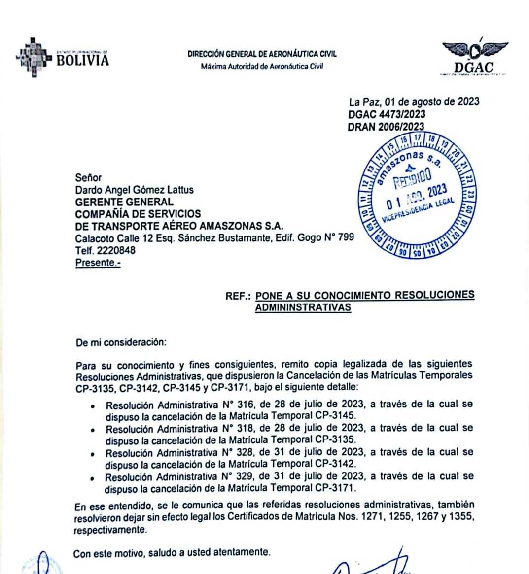 DGAC notifica a Amaszonas la cancelación de matrículas de cuatro aeronaves arrendadas
