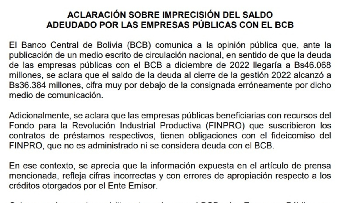 BCB aclara que las empresas públicas adeudan Bs 36.384 millones y pagan sus créditos con puntualidad