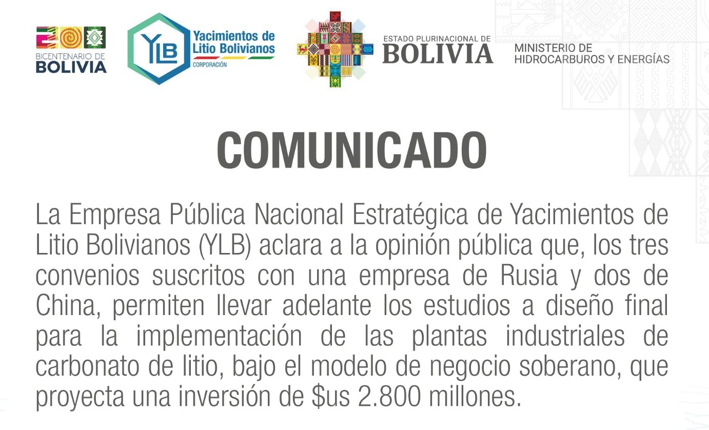 YLB aclara que inversión para  industrializar el litio es de $us 2.800 millones bajo el modelo de negocio soberano 