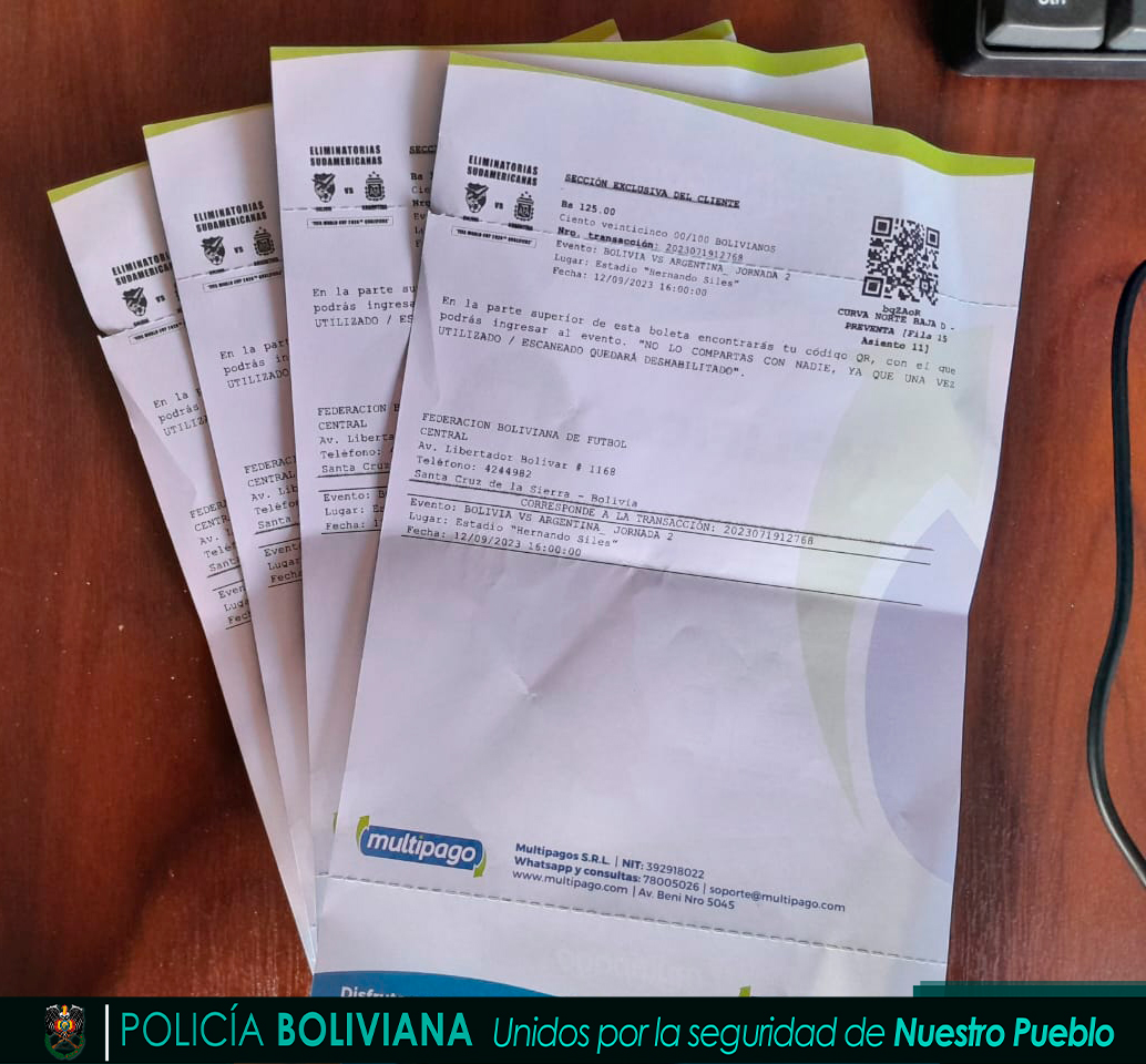 Policía arresta a seis personas por reventa de entradas con sobreprecio para el partido Bolivia vs Argentina