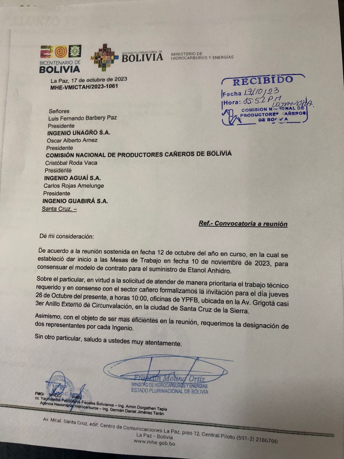 Gobierno convoca a cañeros a “consensuar contrato” para el suministro de etanol