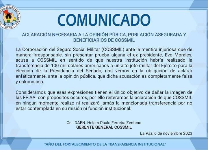 Cossmil califica de “falsa y calumniosa” declaración de Evo sobre presunta transferencia para elección en el Senado