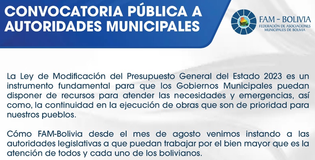 FAM-Bolivia convoca a alcaldes a una vigilia en el Legislativo para exigir aprobación del presupuesto reformulado 