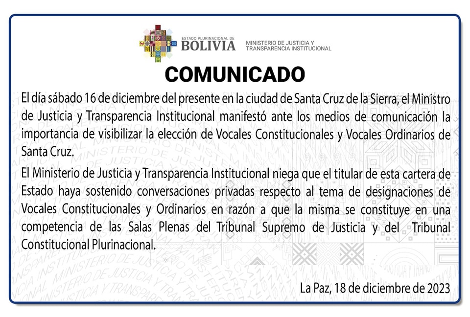 Ministerio de Justicia desmiente “conversaciones privadas” en Santa Cruz