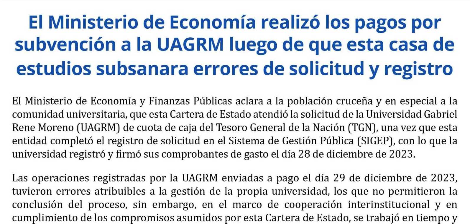 Economía realizó los pagos por subvención a la UAGRM luego de que subsanara errores de solicitud y registro