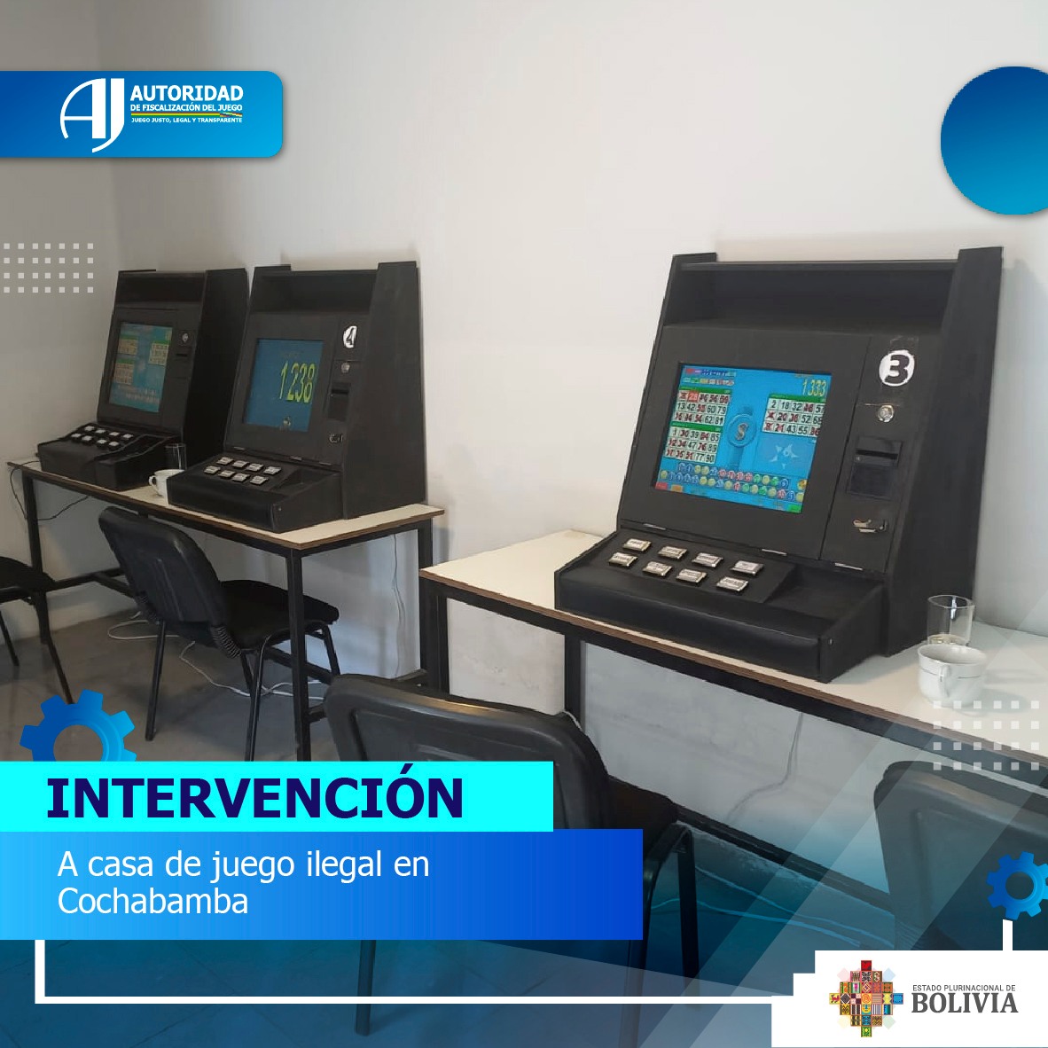 La AJ interviene casa de juegos ilegal en Cochabamba y secuestra tres máquinas de azar