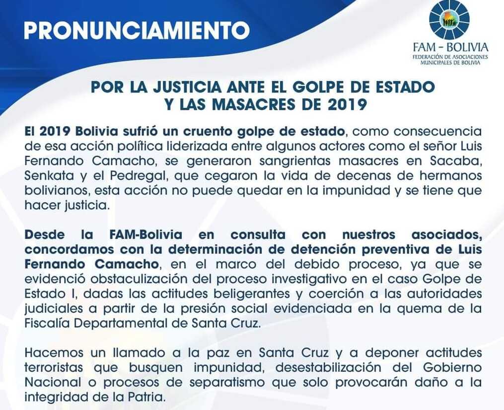 La FAM Bolivia reafirma compromiso de defensa de la patria y la democracia ante protestas cívicas