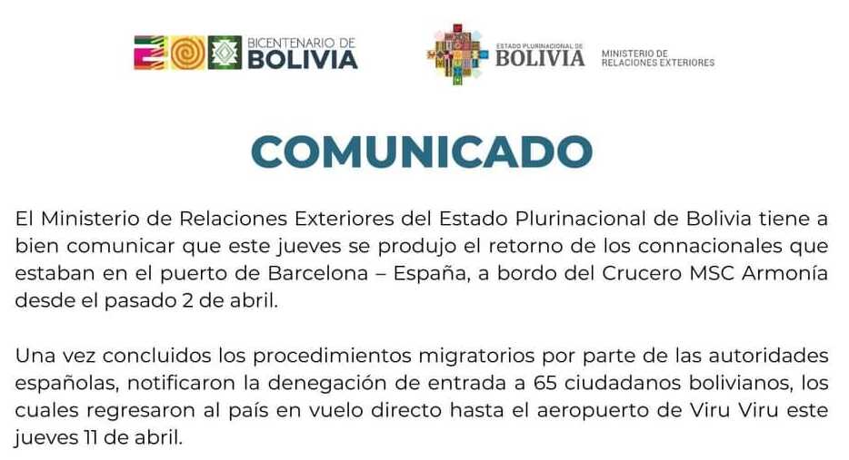 Cancillería logra retorno de 65 bolivianos varados en un puerto en Barcelona