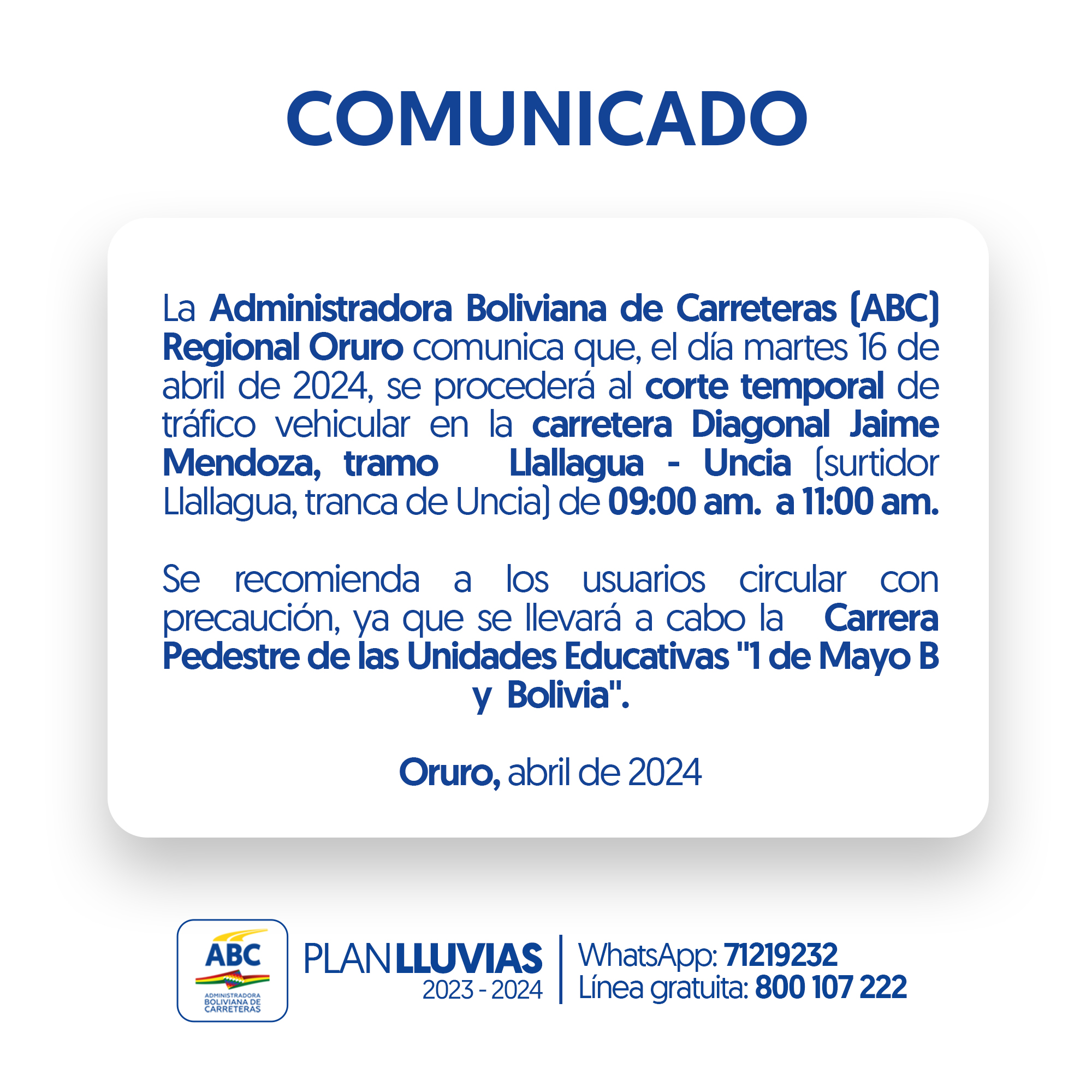 ABC anuncia corte en tramo carretero Liallagua – Uncia este martes por carrera pedestre