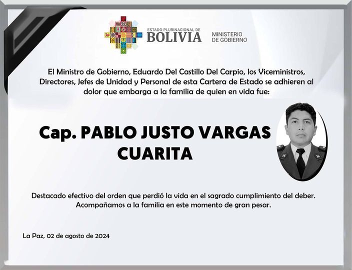 Arce expresa condolencias por fallecimiento del capitán Vargas, exige máxima sanción para agresores