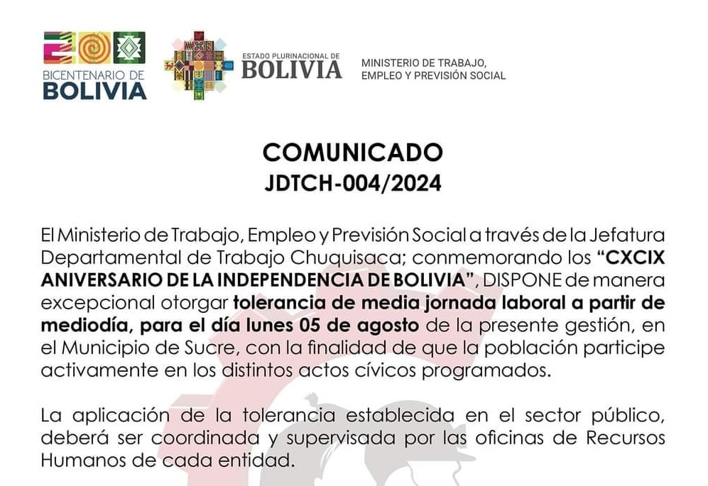 Disponen otorgar tolerancia de media jornada laboral desde mediodía del lunes 5 en Sucre