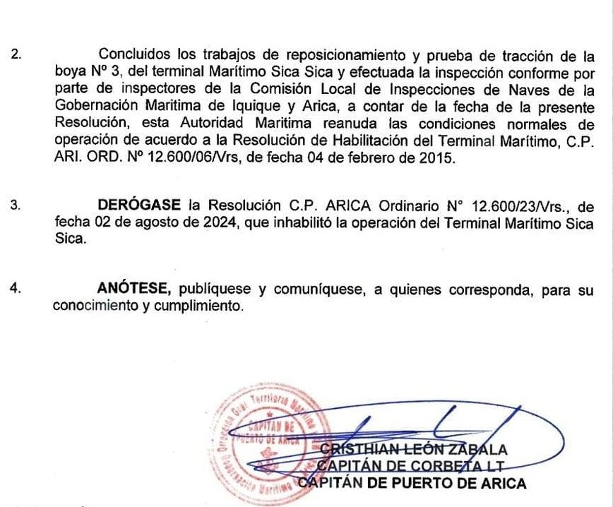Armada de Chile habilita operaciones de la Terminal Marítima de Sica Sica de YPFB