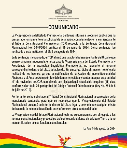 Vicepresidencia pide al TCP corrección de sentencia que declara inconstitucional disposición de la Ley de la Madre Tierra