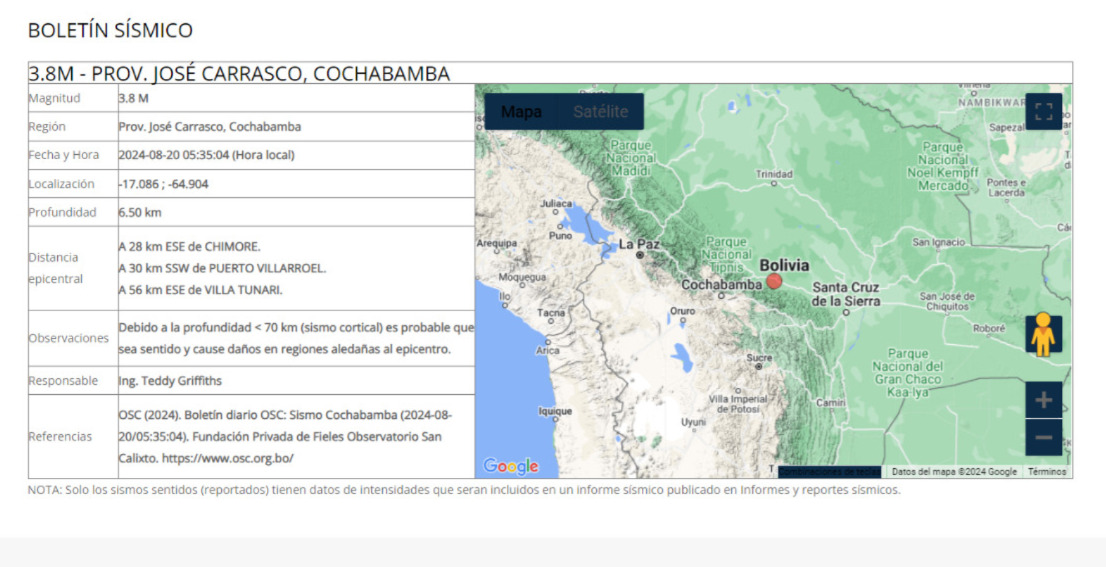 Reportan sismo superficial de magnitud 3,8 en Cochabamba