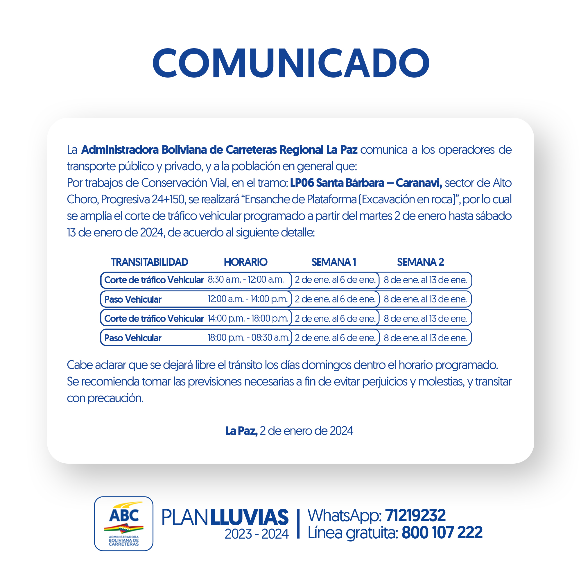 ABC amplía corte de tráfico en el tramo Santa Bárbara – Caranavi por trabajos de conservación