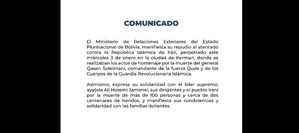 Bolivia condena atentado que deja más de 100 muertos en Irán