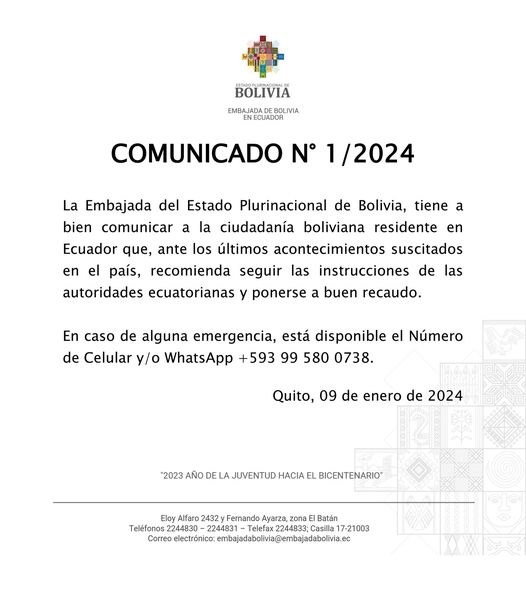 Embajada de Bolivia en Ecuador pide a connacionales ponerse a buen recaudo y habilita línea de emergencia  