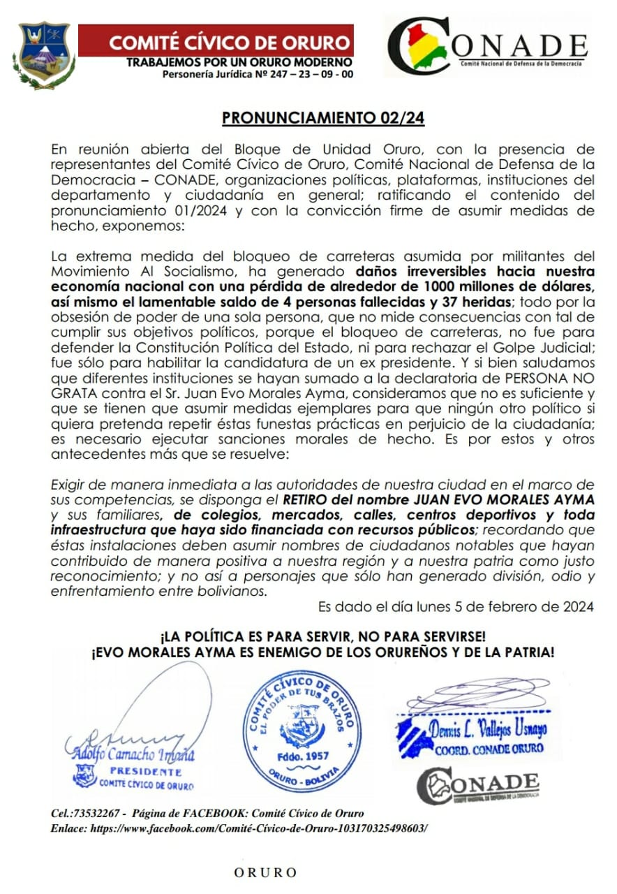 Comité Cívico de Oruro exige retirar nombre de Evo Morales de obras públicas por el bloqueo evista