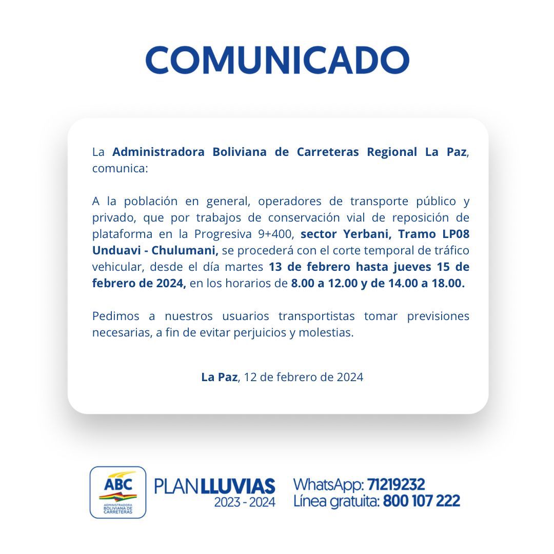 ABC anuncia corte al tráfico vehicular en el tramo Unduavi – Chulumani desde este martes hasta el jueves 