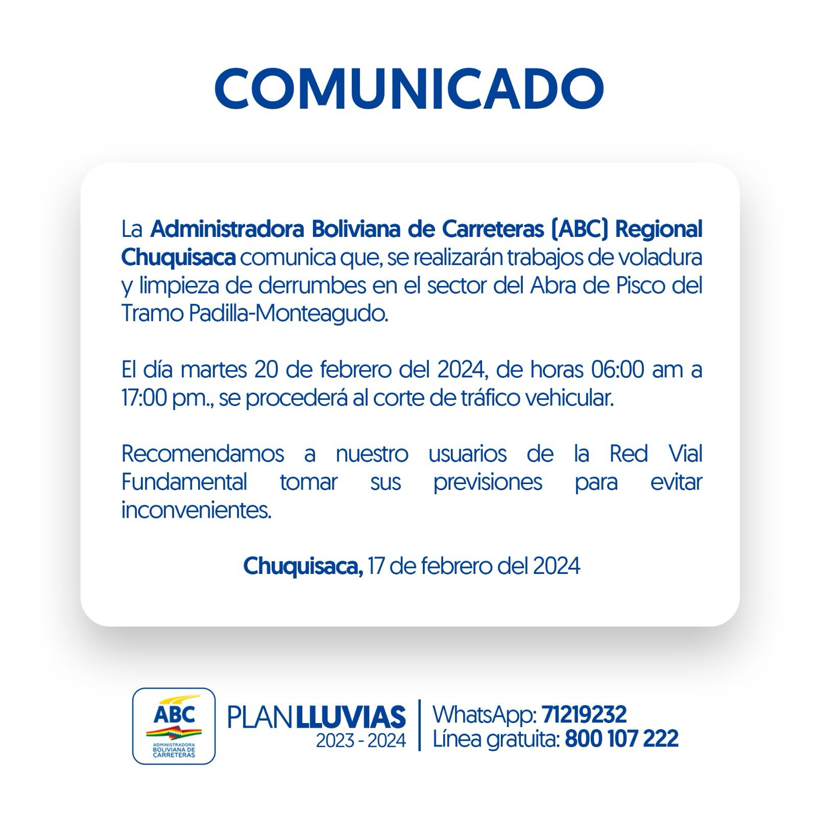 Anuncian corte del tráfico vehicular en el tramo Padilla – Monteagudo el martes por limpieza de derrumbe