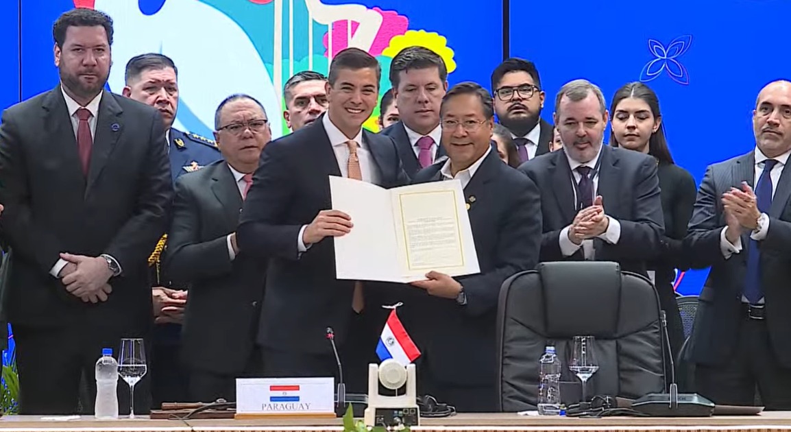 Entrega del Instrumento de Ratificación del Protocolo de Adhesión del Estado Plurinacional de Bolivia como miembro pleno del Mercosur. Captura.