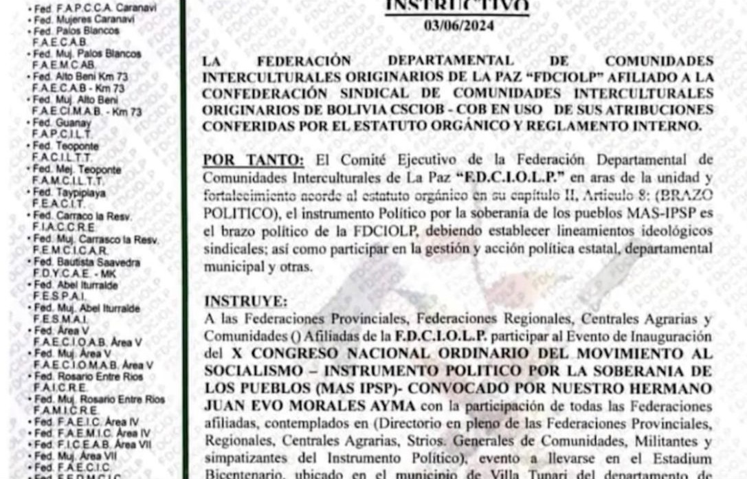 Interculturales denuncian que instructivo “falso” convoca al congreso evista, piden no dejarse sorprender
