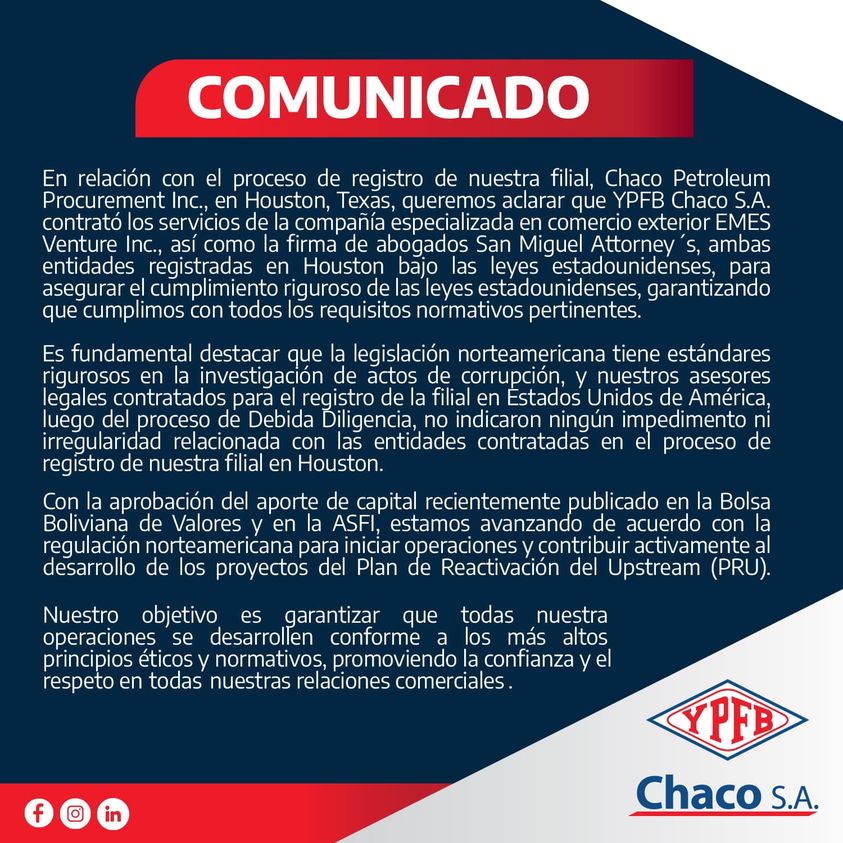 YPFB Chaco afirma que no halló irregularidades en firmas contratadas para registro de filial en Houston