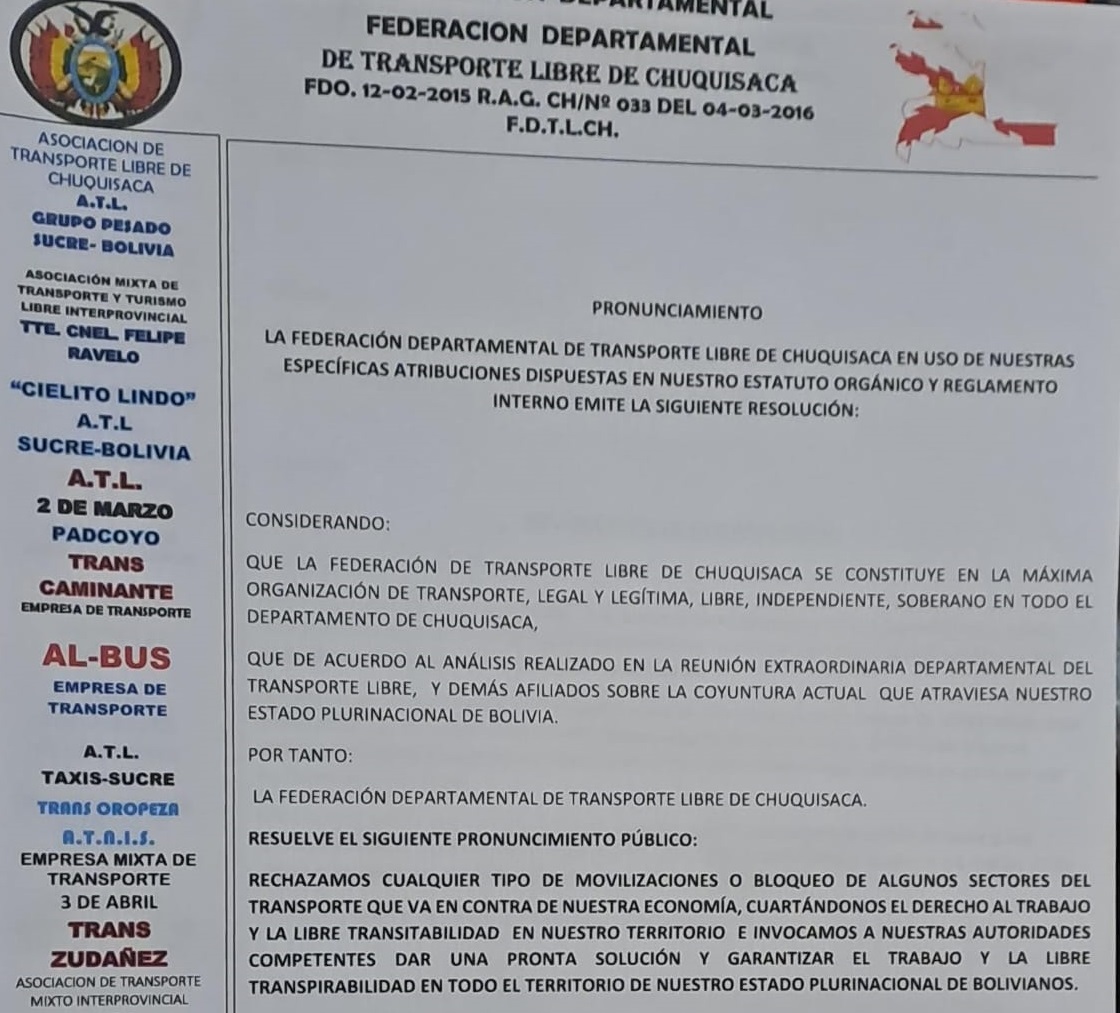 Transporte libre de Chuquisaca rechaza convocatorias a bloqueos y pide garantías al derecho al trabajo 