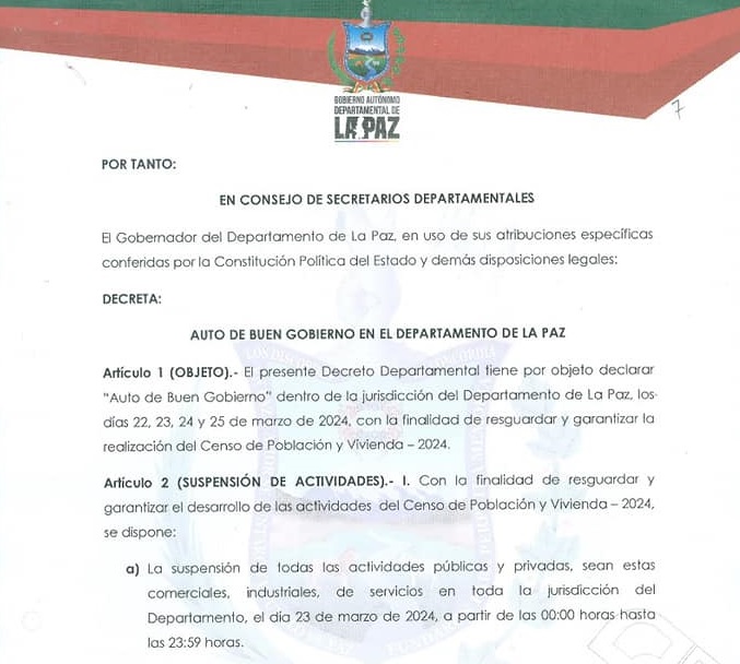 Gobernación de La Paz emite decreto que declara auto de buen gobierno del 22 al 25 de marzo para el Censo