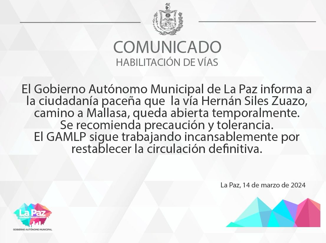 La Paz: Habilitan temporalmente la avenida Hernán Siles, camino a Mallasa