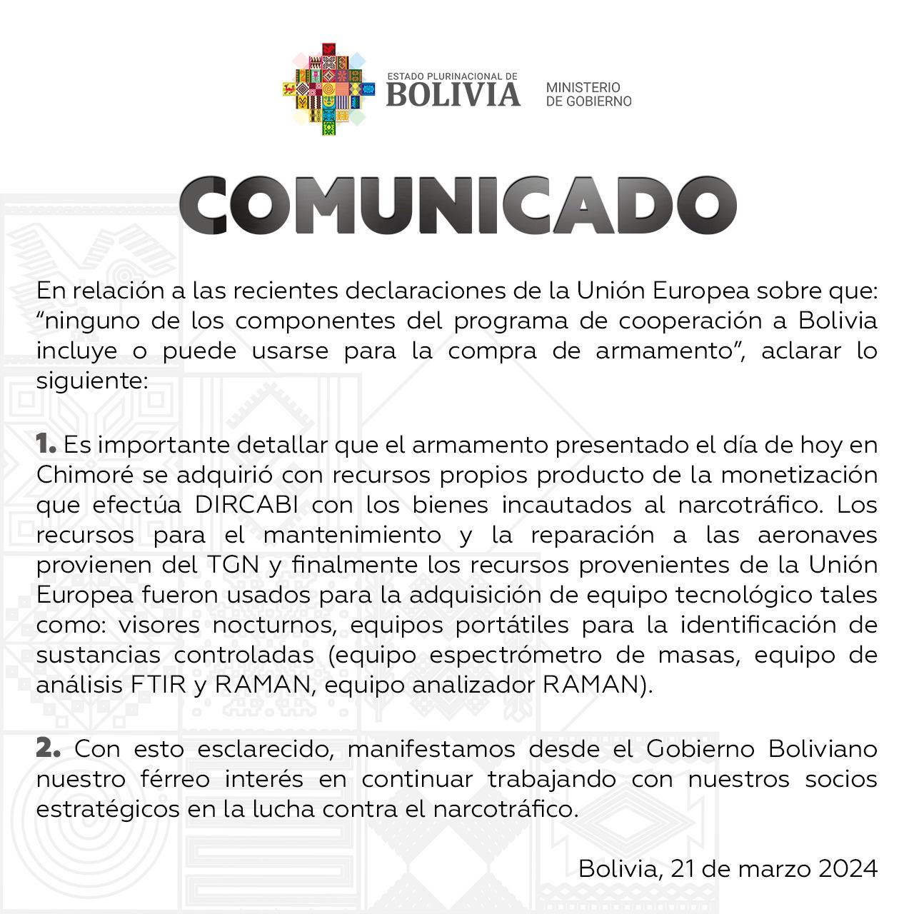 Ministerio de Gobierno: Los recursos provenientes de la UE fueron usados para la adquisición de equipo tecnológico