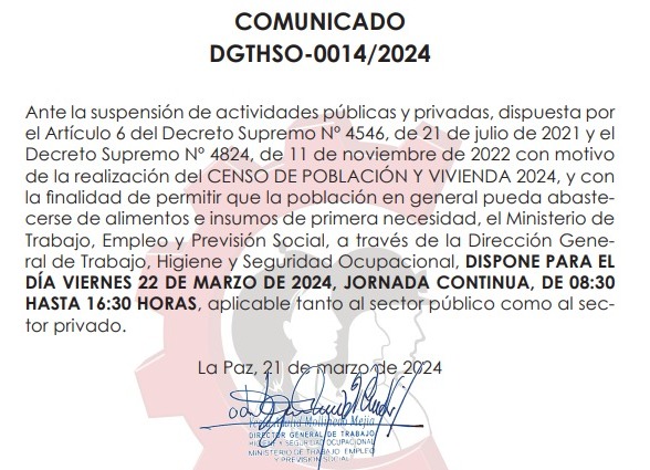 Trabajo dispone jornada laboral continua para este viernes por el censo