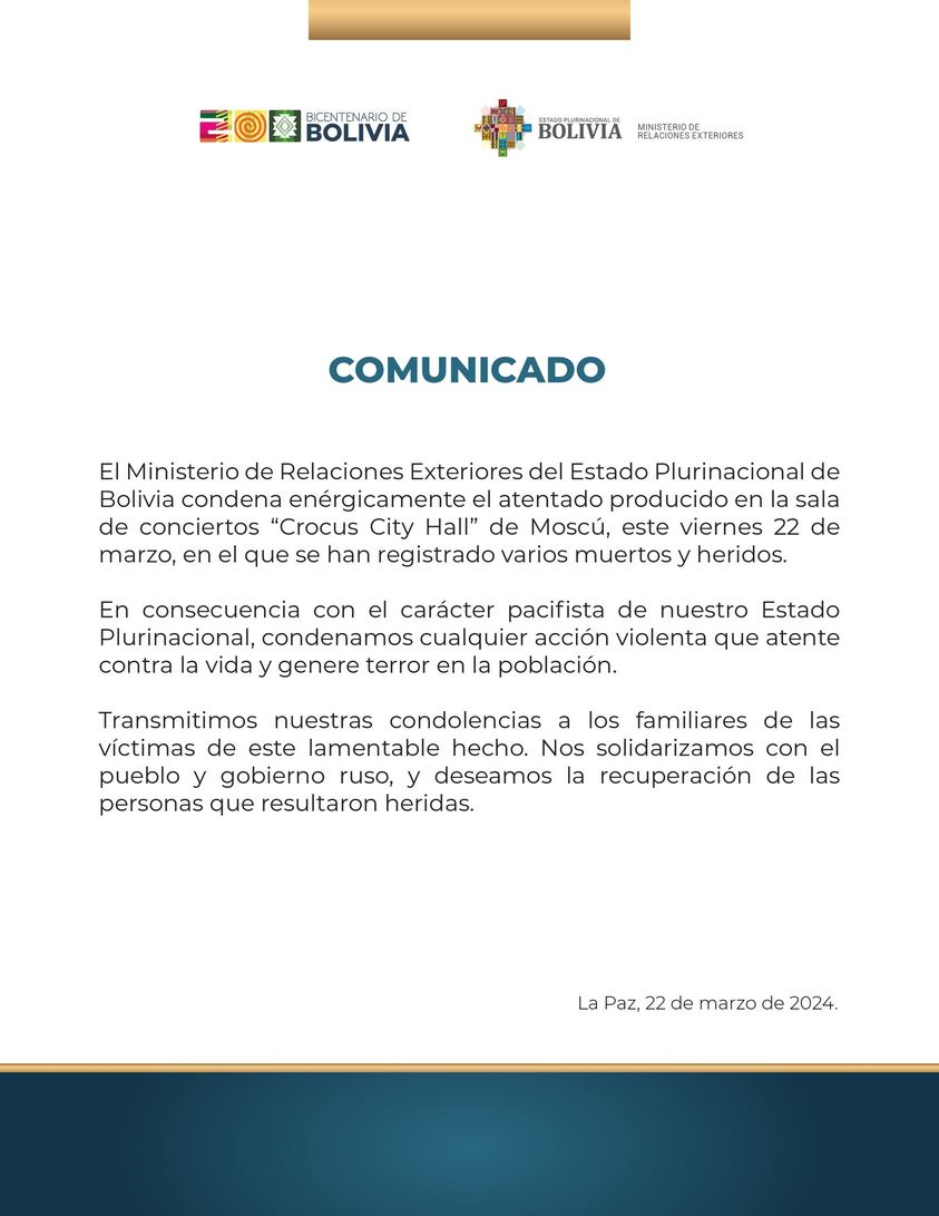 Bolivia condena de forma enérgica atentado terrorista en Moscú