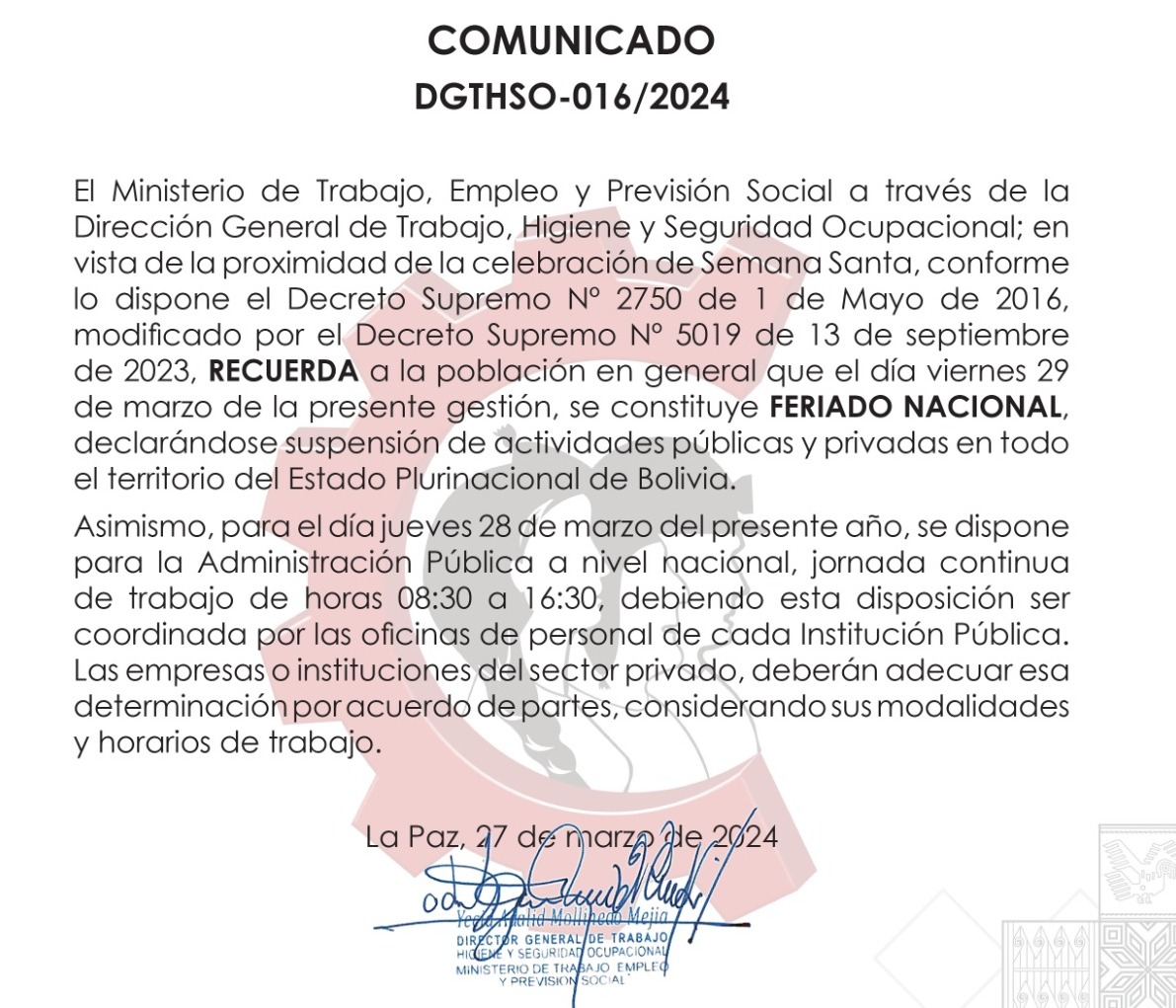 Trabajo confirma horario continuo el jueves y feriado nacional el viernes por “Semana Santa” 