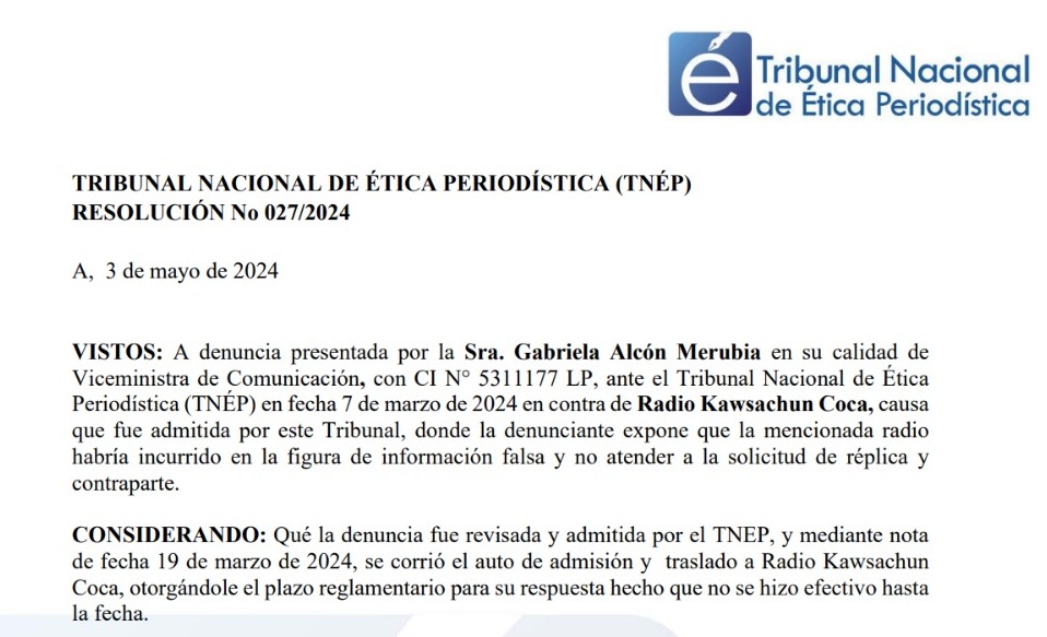 Tribunal de Ética Periodística ordena a radio Kawsachun Coca conceder el “derecho a réplica” a viceministra Alcón