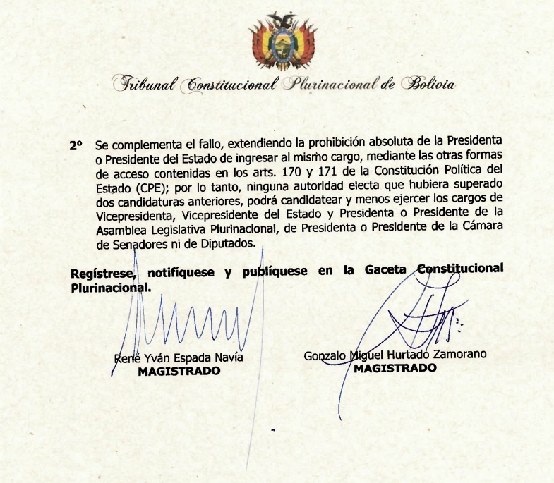 TCP veta reelección continua o discontinua a la Presidencia, Morales no puede buscar nuevo mandato