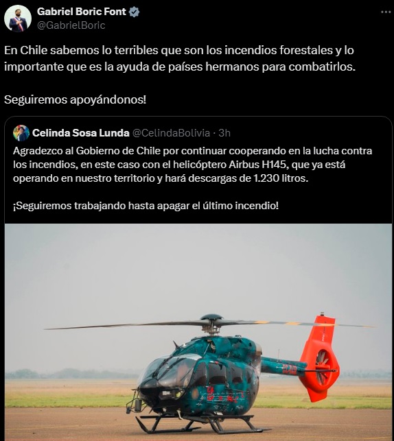 Presidente de Chile destaca la importancia de la ayuda a Bolivia para acabar con incendios forestales